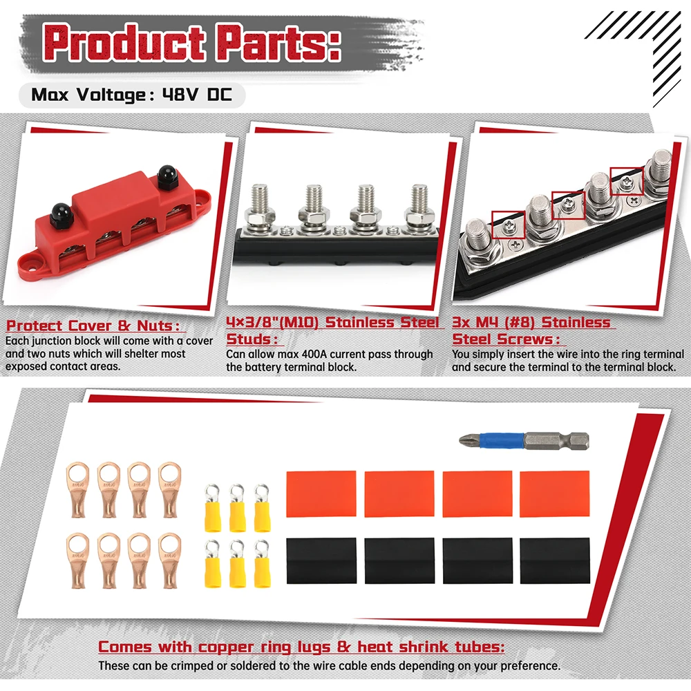 كتلة طرفية لبطارية شريط الحافلة 250 أمبير 12 فولت مع ترصيع 4 × 3/8 بوصة (M10) + 3xM4 ( # 8) براغي لأسلاك الطاقة الشمسية - سلبية وإيجابية