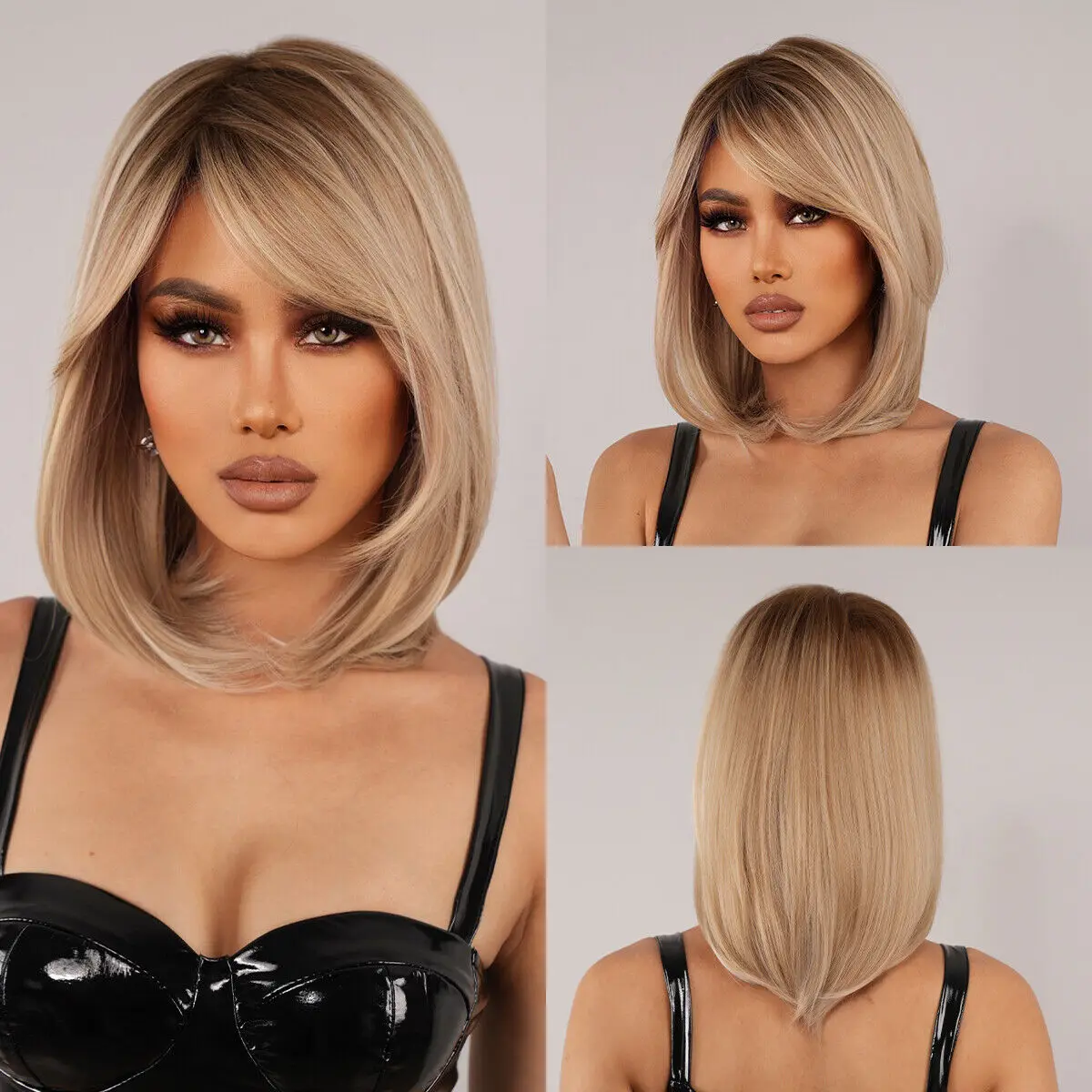 

Blonde Wigs for Women Shoulder Length Layered Wig with Dark Synthetic