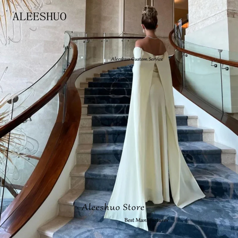 Aleeshuo Simple Mermaid Long Sleeves Evening Dresses Satin Boat Neck Pleat Open Back Prom Dress Party Dress Formal Floor-Length