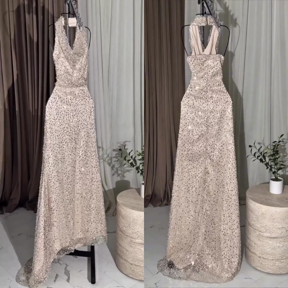 

Customized Sequined Halter Backless Trumpet Midi Dresses Bespoke Occasion Women Luxury Evening Elegant Party Prom Sparkle