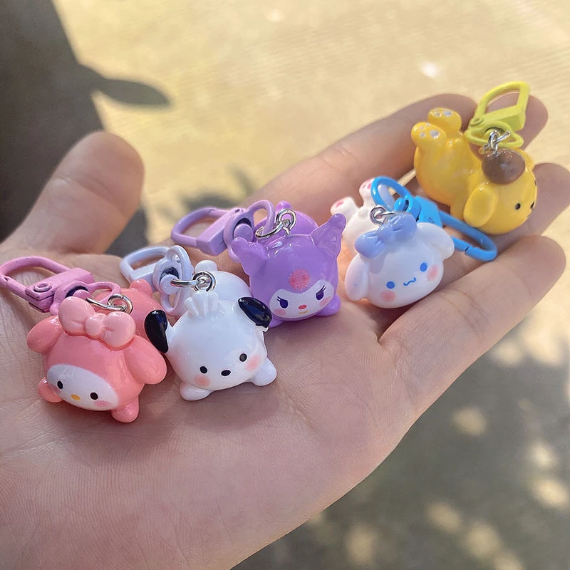 Kawaii Sanrio Anime Figure Series Keychain Pochacco Kuromi Melody Lie Prone Form Cute Backpack Pendant Accessories for Girl Kids