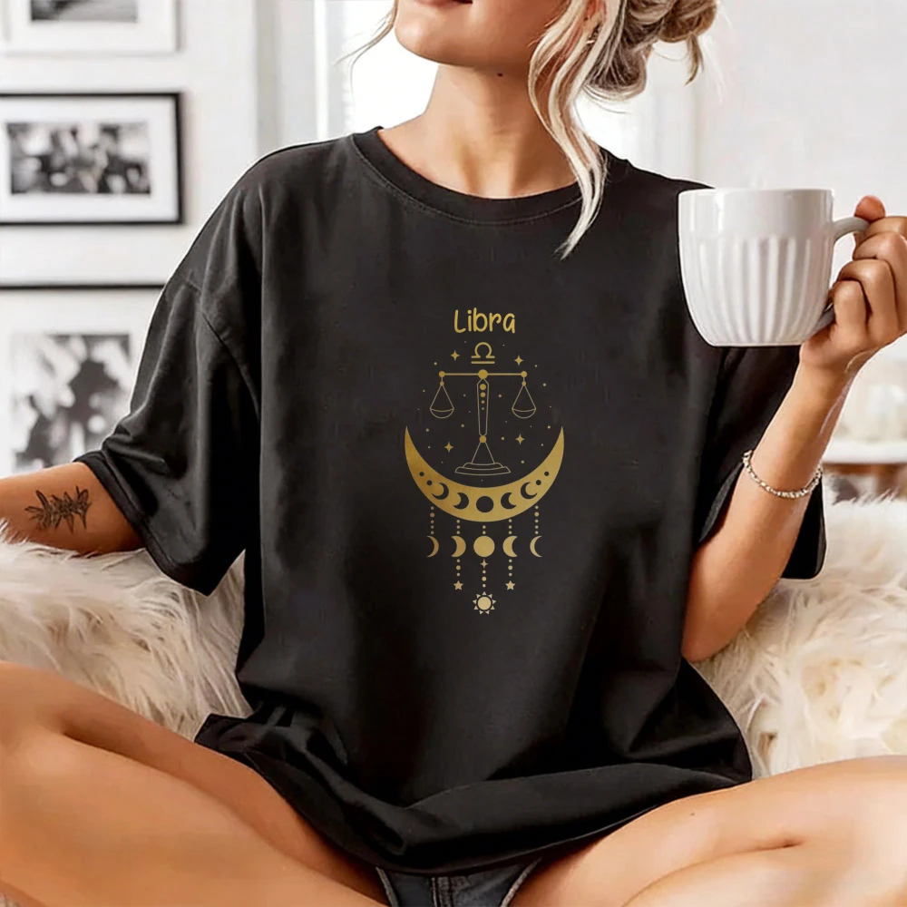 Libra Astrology T-Shirt Zodiac Sign Graphic Tee Women Cotton Tshirt Moon Phase Balance Symbol Tee Retro Astrology Horoscope Tops