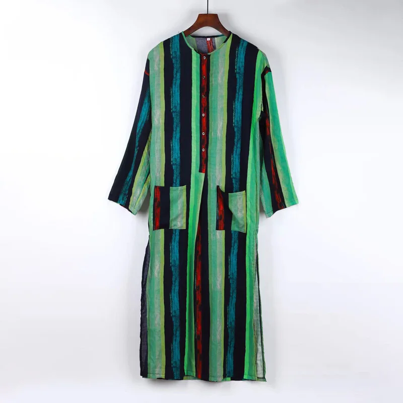 

3XL Men Sleep Robes With Pocket Loose Long Sleeve Vintage Stripe Long Shirts For Islamic Arab Lounge Nightgown Men's Muslim Robe