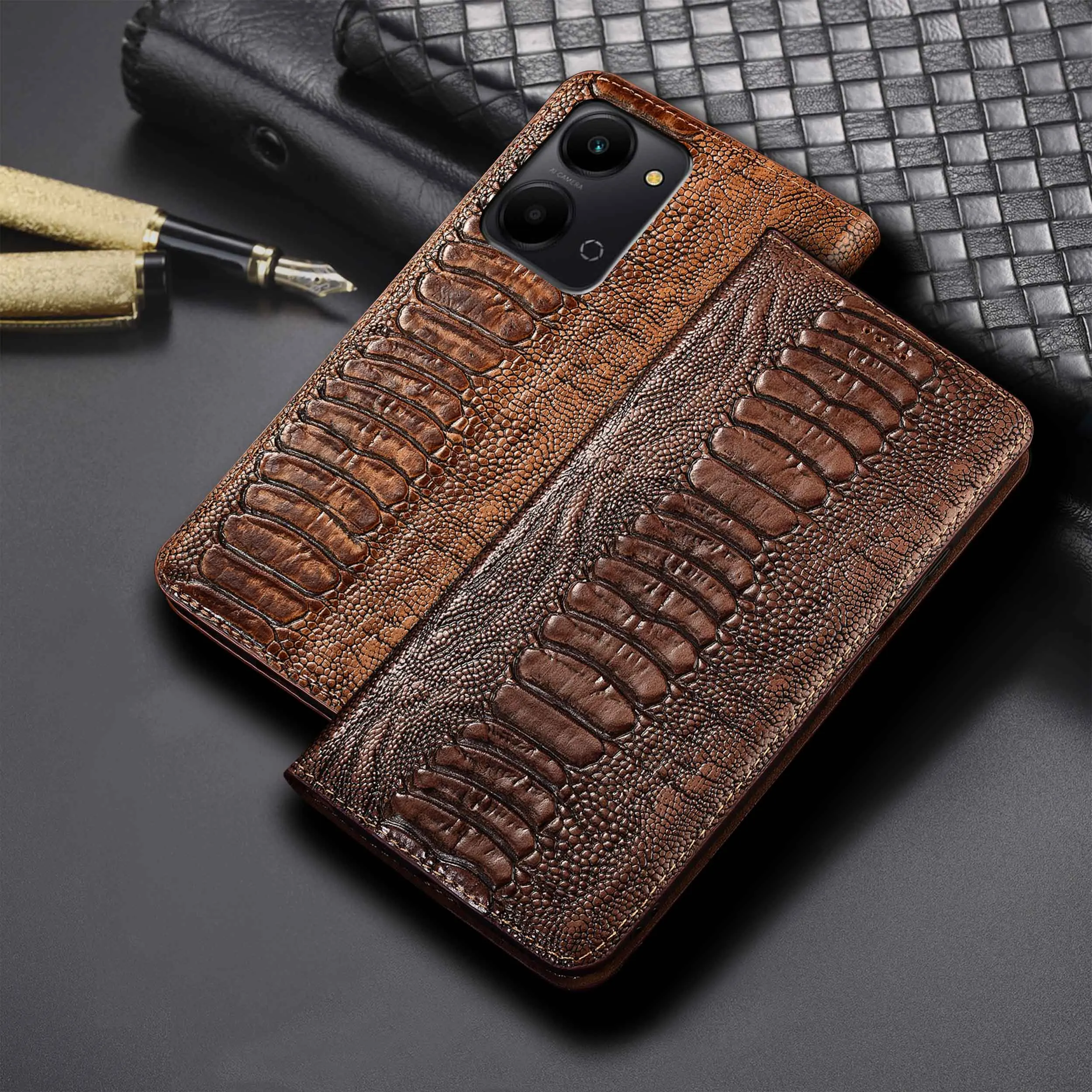 

For Honor Play 3 4 4T 5 5T 6T 7T Pro Ostrich Feet Pattern Of Genuine Leather Wallet Flip Phone Cover Case Cowhide Scratch-Proof
