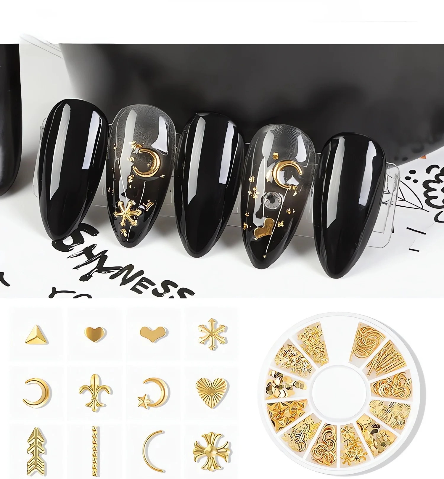 Rebites mistos de metal para unhas, ouro e prata, 3D, lua, estrela, sol, encantos para manicure DIY arte, decoração e acessórios, 12 gird