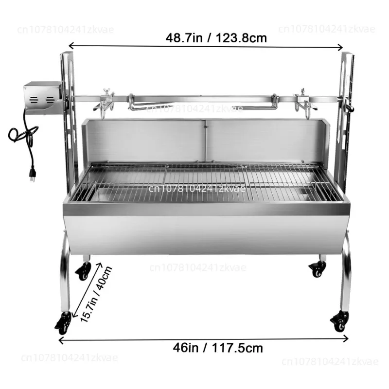 35inch Rotisserie Grill Electric Motor Charcoal Spit Grill Stainless Steel Roaster w/Lockable Wheels for Camping