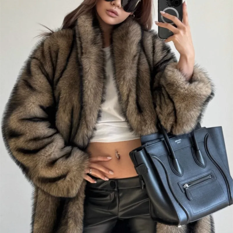 2025 New Faux Fur Long Length Coat with Shawl Collar Imitation Fox Fur Style Long and Warm Outerwear shawl collar Thick Jackets