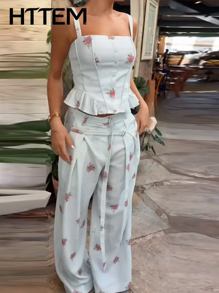 Elegant Printed Women's Vest Trouser Suit Floral Sleeveless Pleated Top Wide Leg Pants Lady Set 2026 Summer Autumn Female Sets