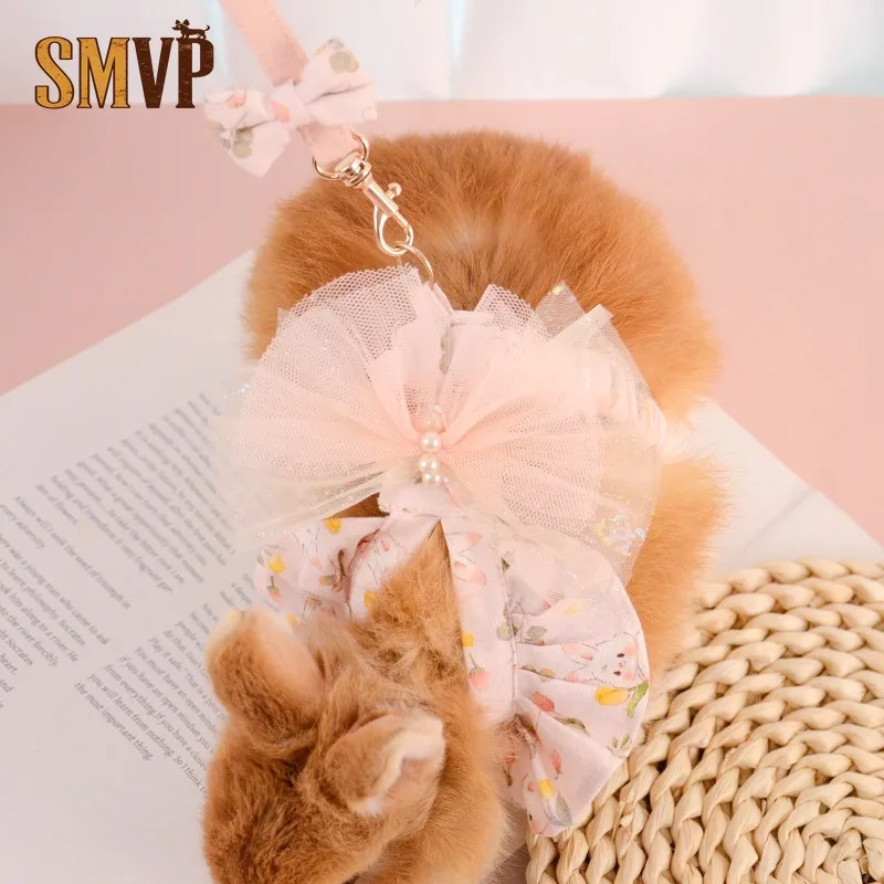 

Floral Rabbit Harness And Leash Set Cute Bunny Vest Harness With Tulle Bow Pearls Adjustable Escape Proof Pet Walking Lead