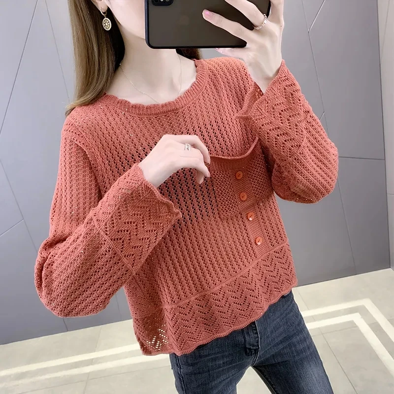 Spring Autumn New Sweaters Solid Color Round Neck Long Sleeve Loose Hollow Out Knitting Pullovers Women Thin Style Pockets Tops