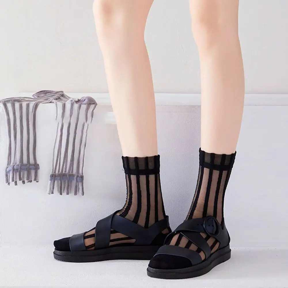 Calcetines transparentes a la moda para mujer, calcetines de seda de vidrio de estilo japonés de malla, calcetines femeninos a rayas, calcetines de tubo medio