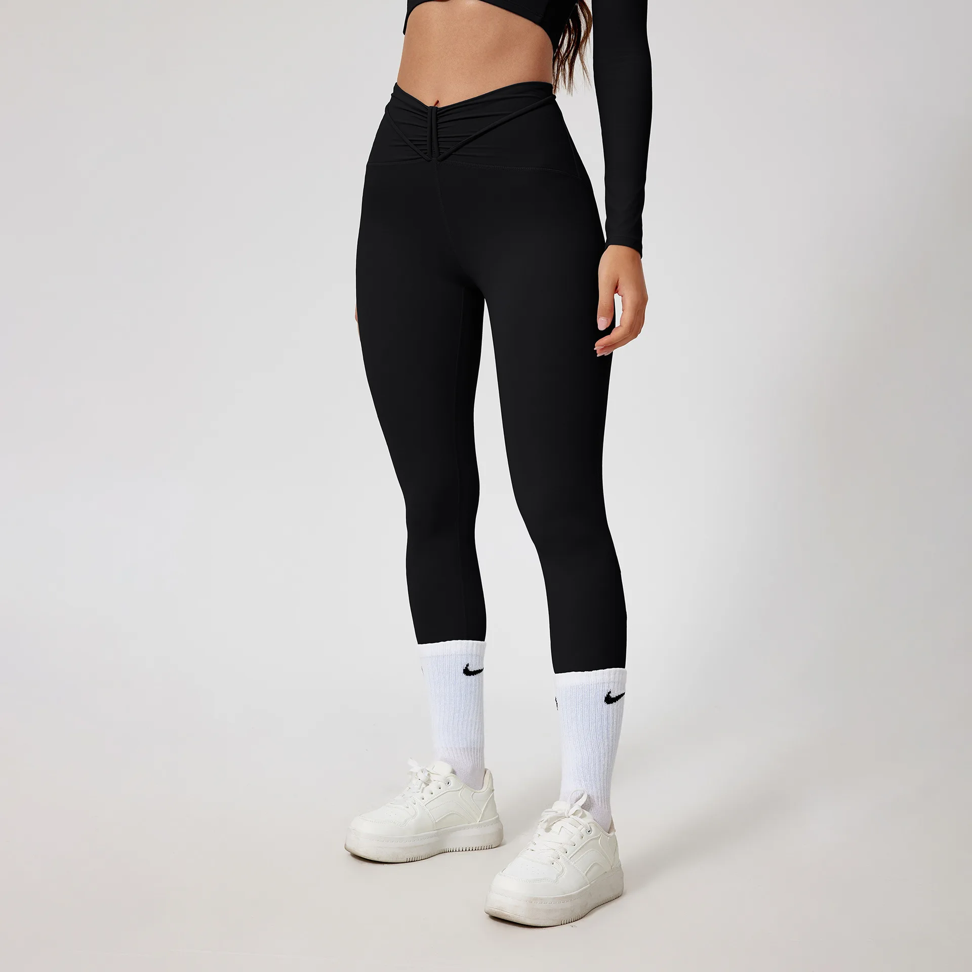 

Yoga Pants front V-Waist Fitness Hip Lift Honey Peach Hip Sports Tights No Awkwardness Thread Warp Hip Long Pants