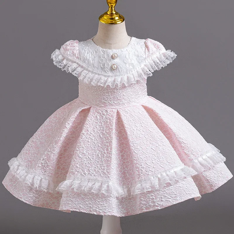 Baby First Birthday Dress Pearl Princess Kids Party Dresses for Girl Leopard Lace Christening Ball Gown 1-4 Years