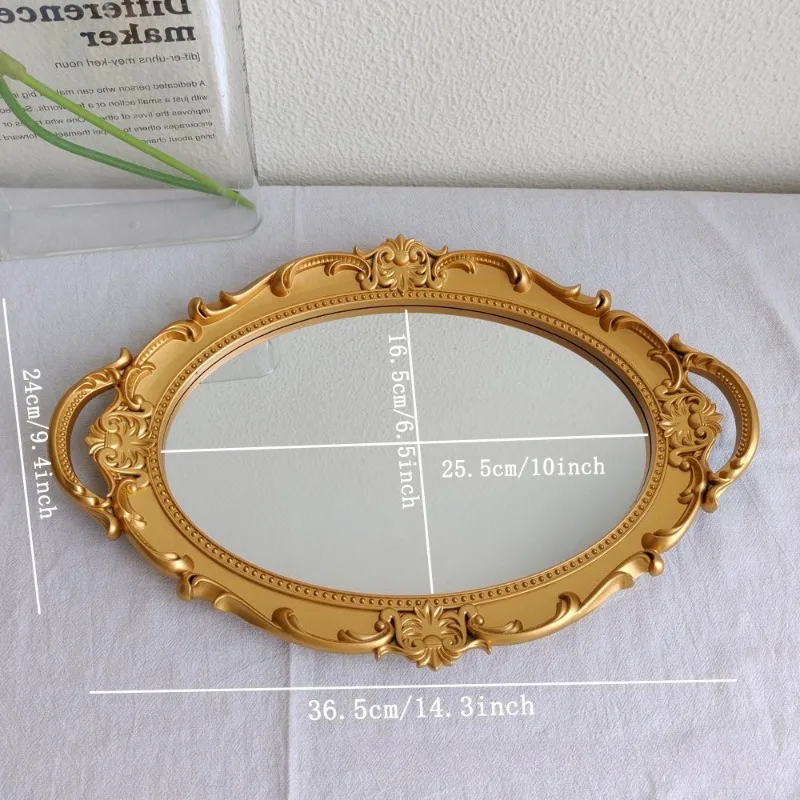 European Style Light Luxury Retro Cross-border Plastic Mirror Gold Tray Decoration Cake Tray Cosmetics Desktop Storage Tray