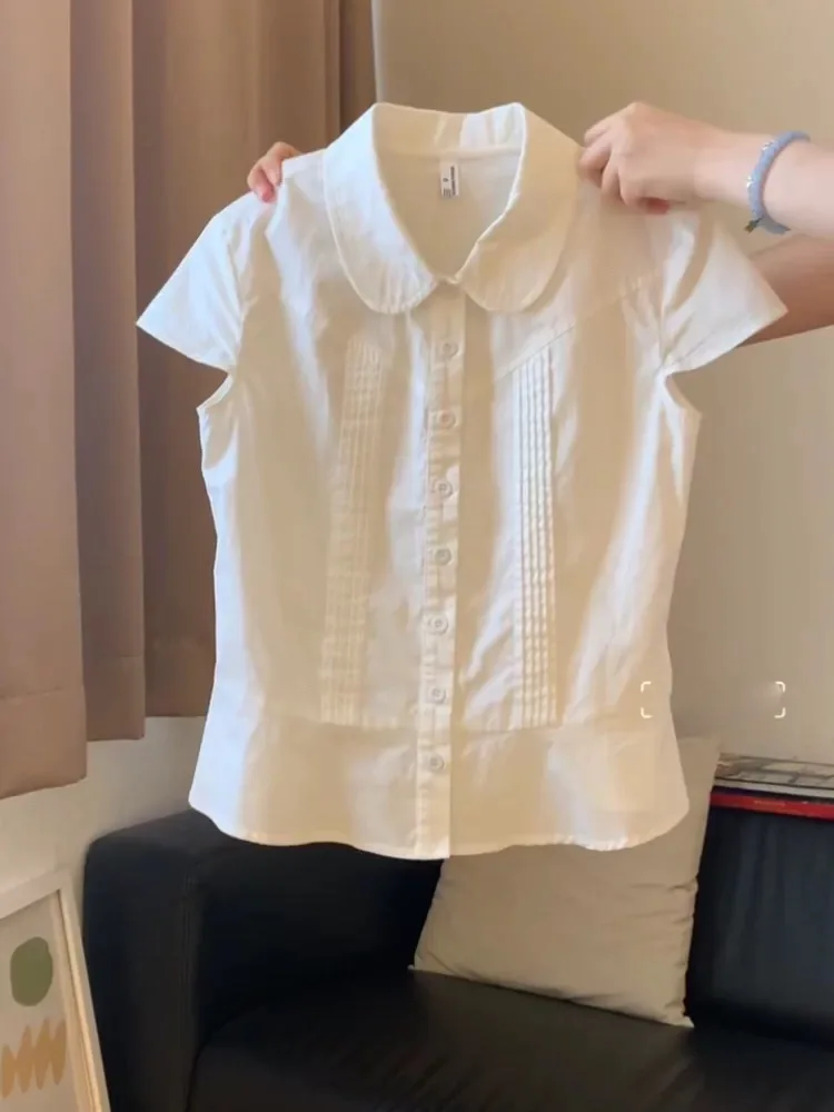 

White Doll Collar Short Sleeve Shirt Women's Summer 2026 New College Style Small Size High Intelligence Matching Top