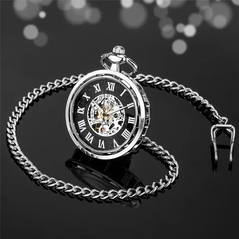 Antique Style Clock Open Face Men's Hand Winding Mechanical Pocket Watch Roman Number Skeleton Display Fob Pendant Chain Reloj