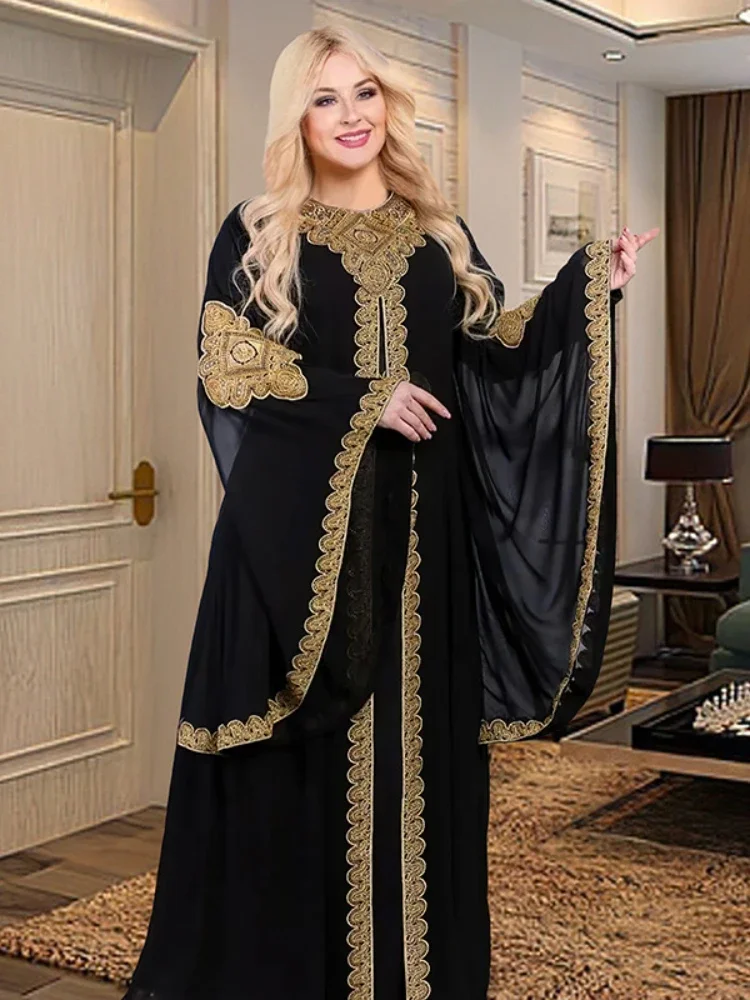 Vestidos de festa femininos com 2 peças, caftan muçulmano abaya, túnica com mangas Eid Flare, vestido bordado com renda dourada, Ramadan