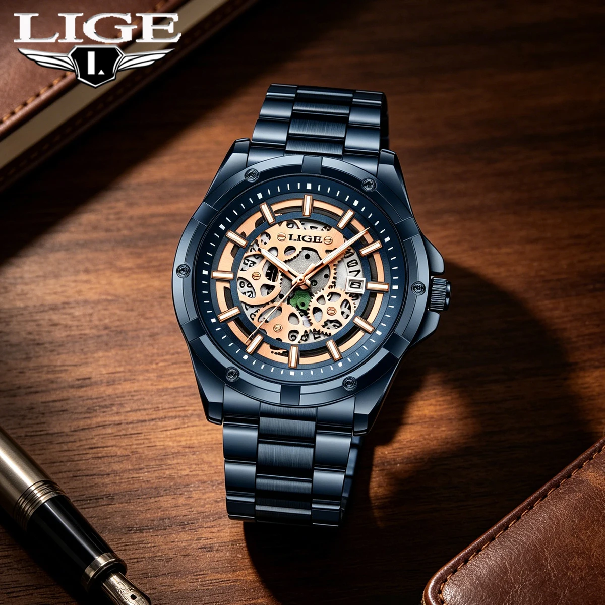 

LIGE Top Brand Luxury Mens Watches Fashion Stainless Steel Waterproof Hollow Out Big Male Wristwatches Relogio Masculino Box