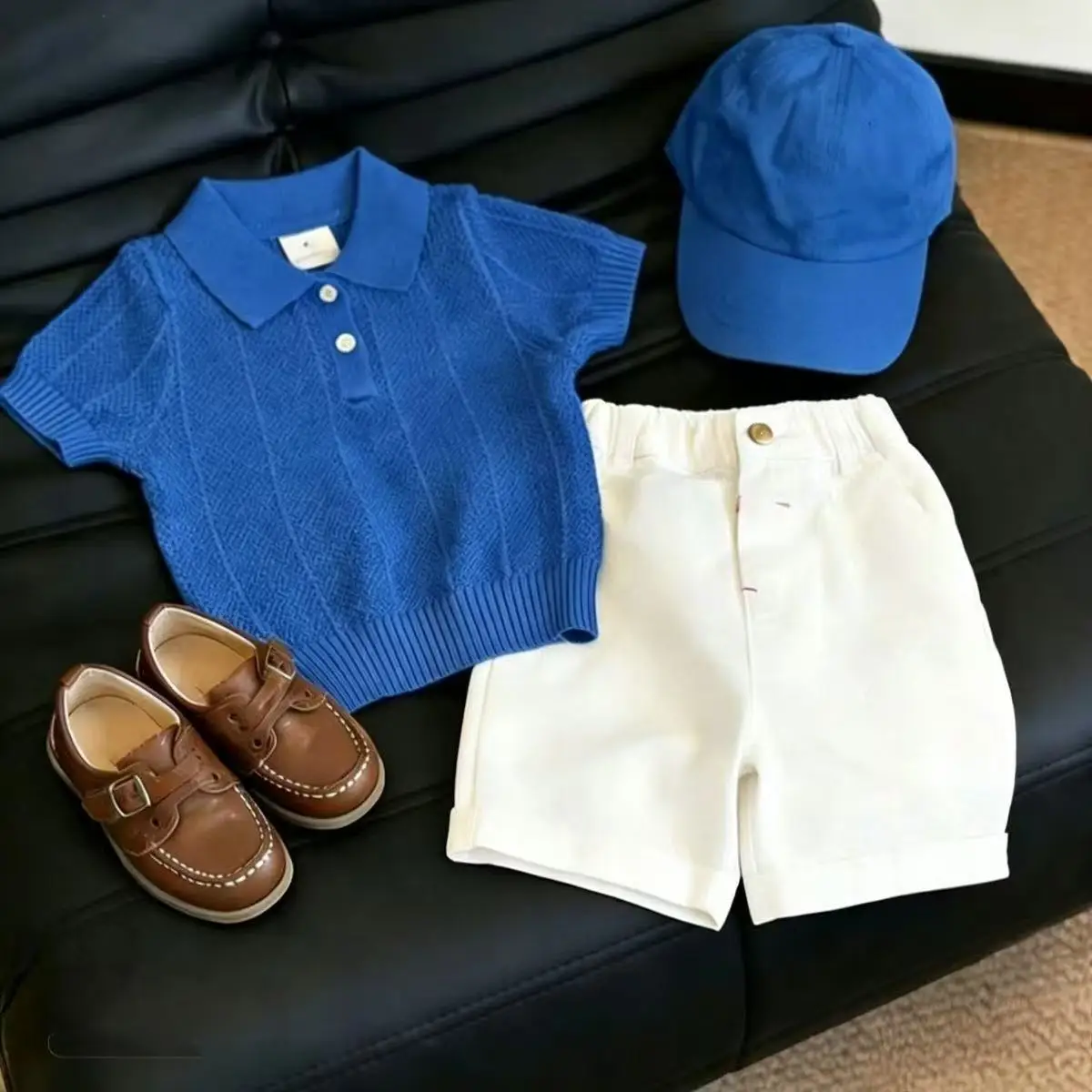 

Children's Set Summer New Boys' Blue Striped Ice Silk Knitted Short Sleeve Top+Casual Shorts 2-piece Set