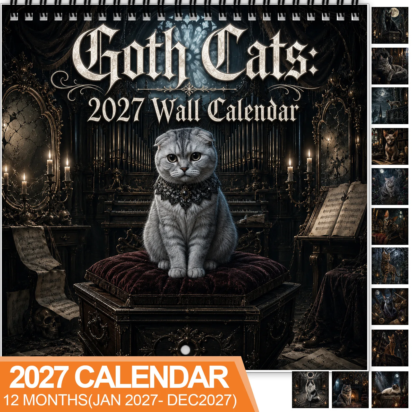 2027 Goth Cats Wall Calendar 12 Month Jan-Dec Dark Gothic Style Cat Monthly Planner Home Decor Gift for Gothic Cat Lovers