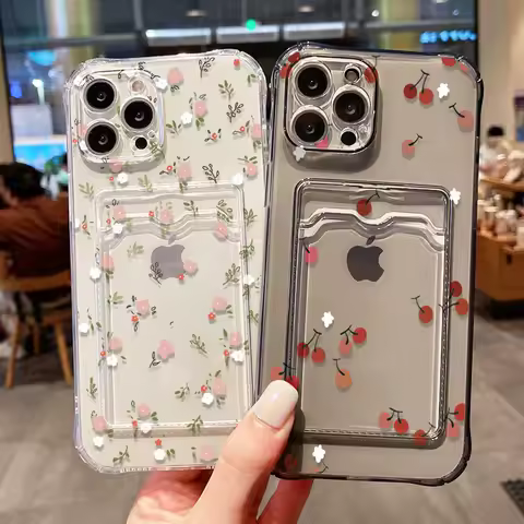INS Floral Clear Soft Card Bag Phone Case Funda For Samsung Galaxy S25 Ultra S24 FE S23 S22 Case A55 A06 A54 A35 A25 Clear Cover