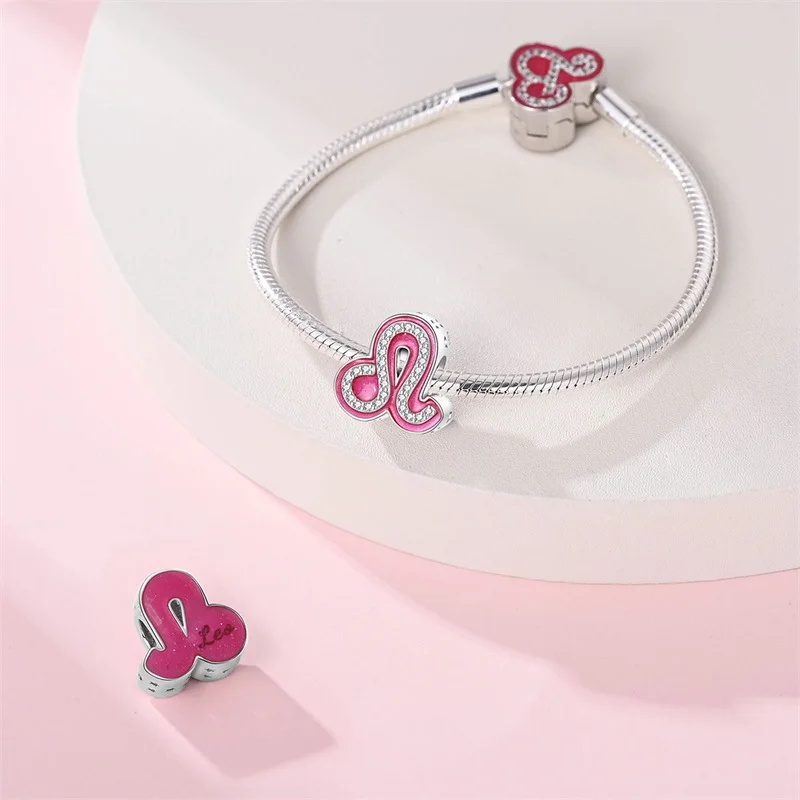 Hot Sale 100% 925 Sterling Silver 12 Pink Constellation Charms Beads Fit Pandach 925 Original Bracelet Fine DIY Birthday Jewelry