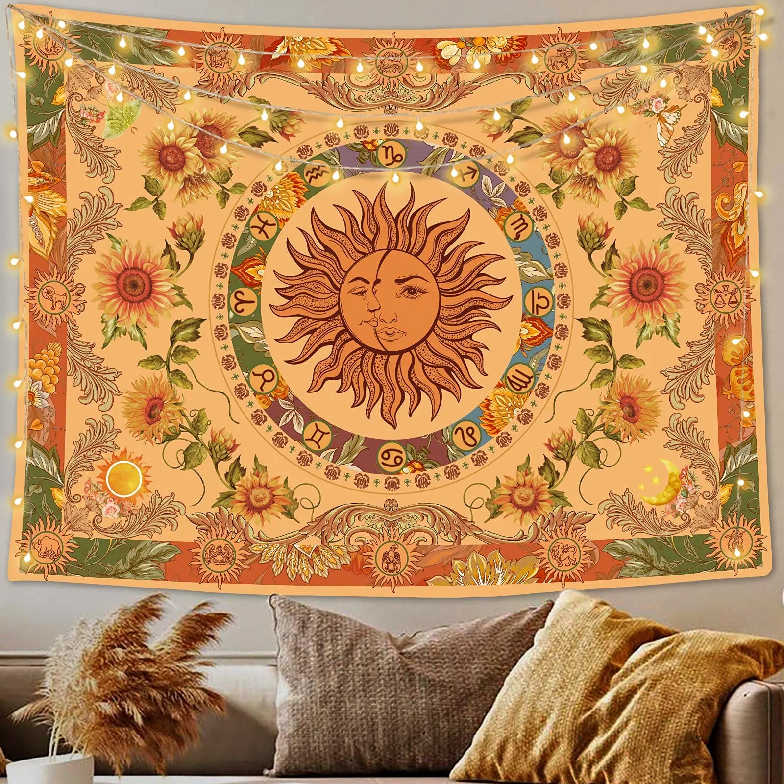 1PC Boho Sun Moon Floral Orange Print Tapestry, Boho Style, Bedroom Living Room Kitchen Wall Hanging, Polyester, Wall Art
