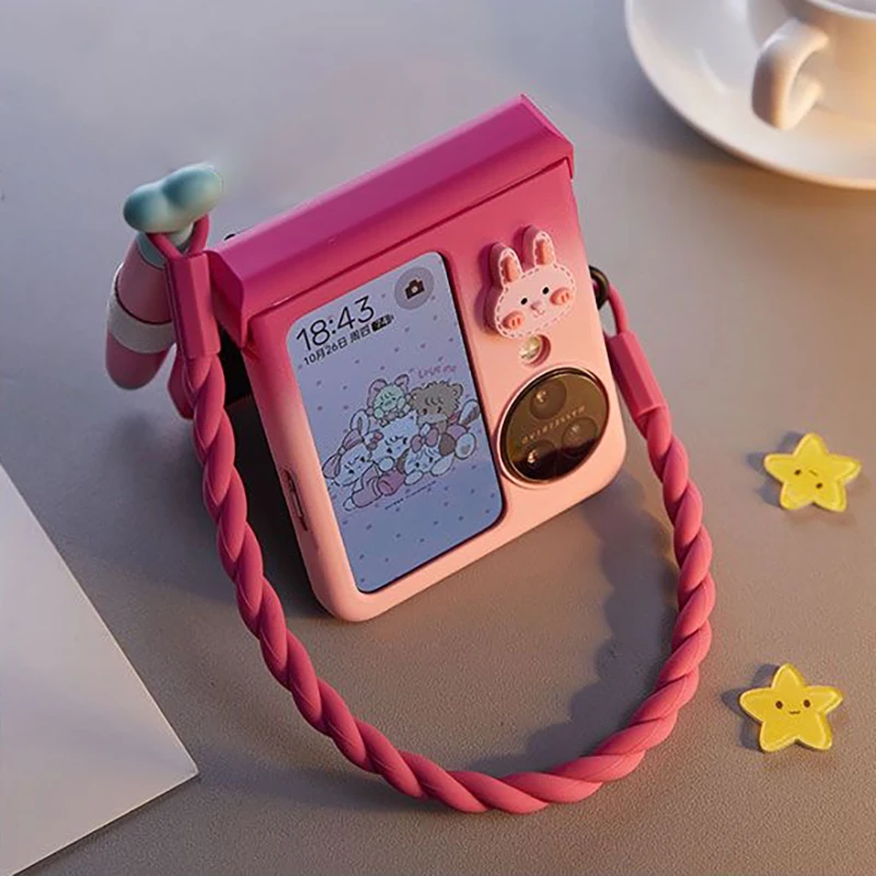 Cute Flip Phone Case for Samsung Z Flip 5 OPPO Find N3 Flip / OPPO Find N2 Flip/ Vivo X Flip Cases With Stylus and Lanyard
