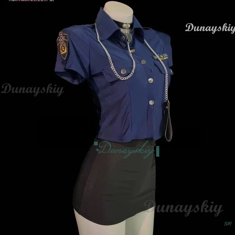 نساء ضابط الشرطة/مضيفة طيران تأثيري طوق تنورة الحرير الأسود Strappy الجوارب قميص هالوين هدية عيد الحب