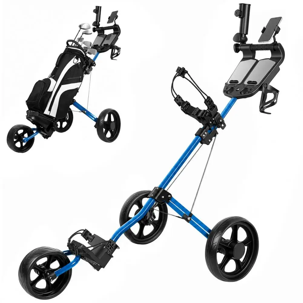 3 Wheel Golf Push Cart, Lightweight Aluminum Golf Trolley with Phone/Cup/Umbrella Holders, Quick Fold Golf Bag Cart