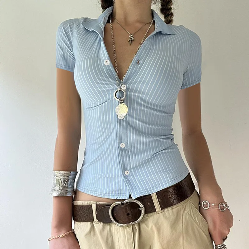

Sweetown Blue Stripe Short Sleeve Shirts For Women Button Up Turn Down Collar Slim Simple Casual Preppy Tops Basic Summer Tees