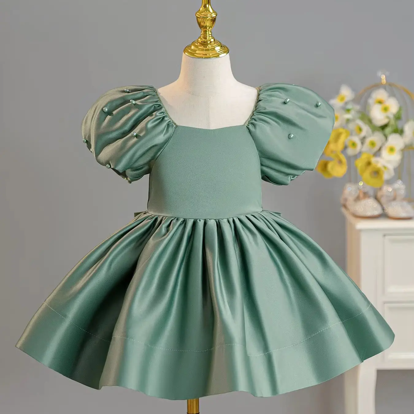 

Solid color beaded puffed sleeves elegant dress Toddler Child Solid Vestido Party Birthday Pageant Baby Clothes 3-6Y children we