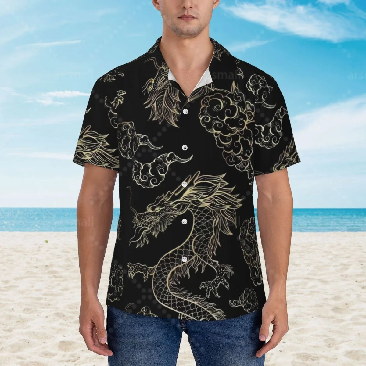 

Vintage Dragon Printed Hawaiian Shirt Men Short Sleeve Casual Floral Print Beach Shirt Summer Vacation Shirt