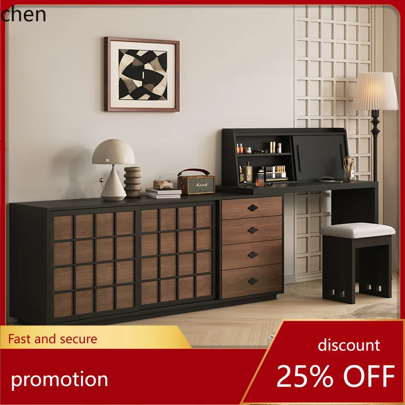 HT Bedroom Retro Dressing Table and Chest of Drawers Integrated Extendable Modern Simple Mid-century Style Bedside Solid Wood