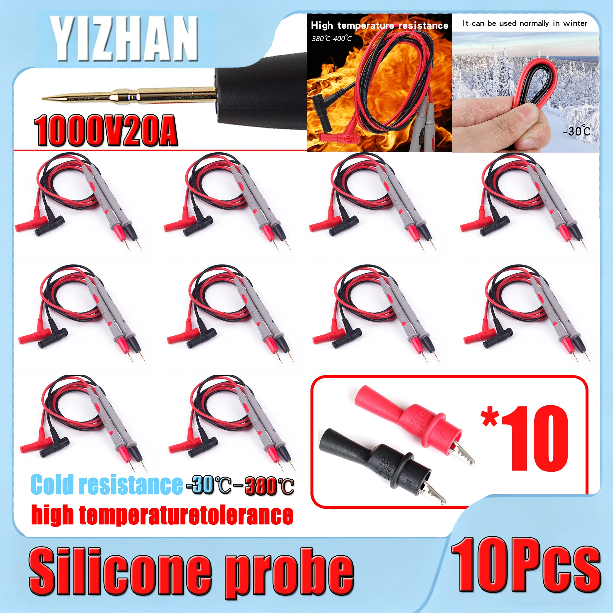 KUAIQU 1000V 20A Silicone Test Lead Multimeter Probe Test Pen Tip For Multimeter Feelers Multimeter Wire Cable 1/3/5/10 pair
