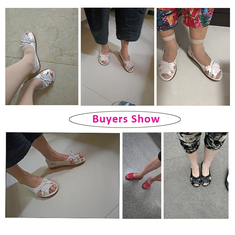 Lorilury Red Bowtie Peep Toe Summer Sandals Women Breathable Leather Moccasin Female Ladies Wedges Elegant Shoes Big Size 41 42