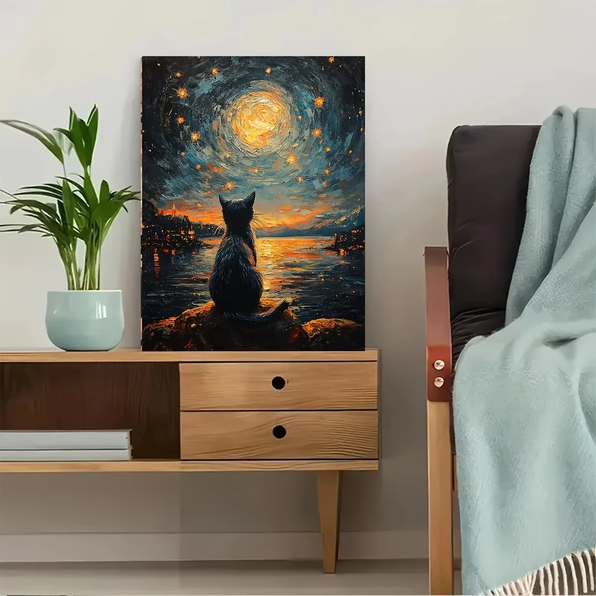 

Звездная ночь, черный кот, животное, искусство, гостиная, домашний декор, подарок, цифровая картина маслом, сделай сам, ручная роспись