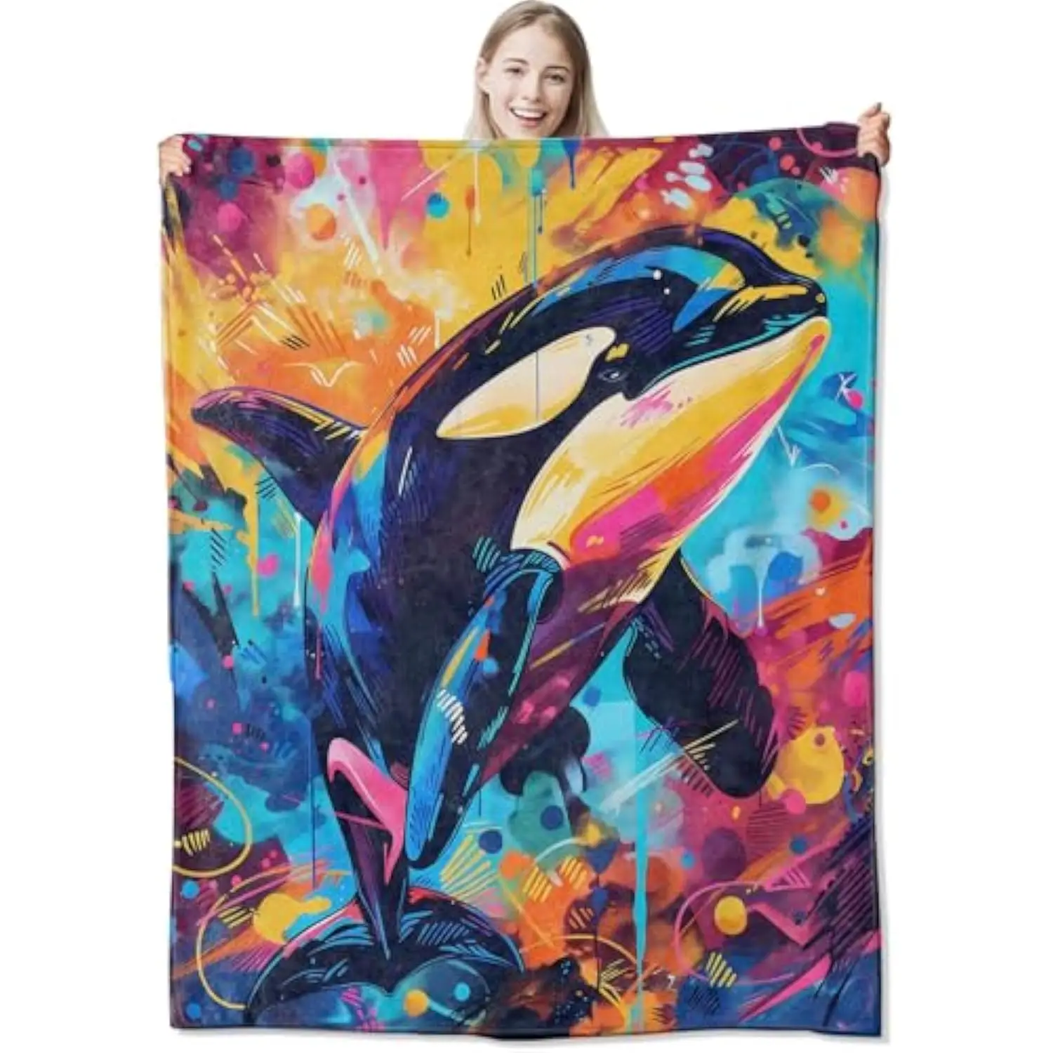 Colorful Orca Killer Whale Abstract Graffiti Art Flannel Throw Blanket Soft Cozy Fleece for Ocean Lovers Bed Sofa Decor
