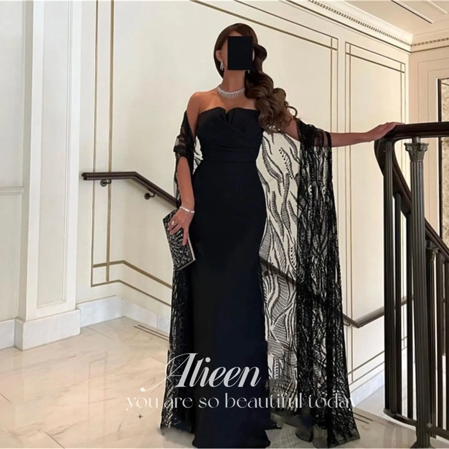 

Aileen Graduation Dresses Sexy Elegant Pretty Women's Black Dress Party Evening Luxury Celebrity Chiffon Glitter Shawl Female