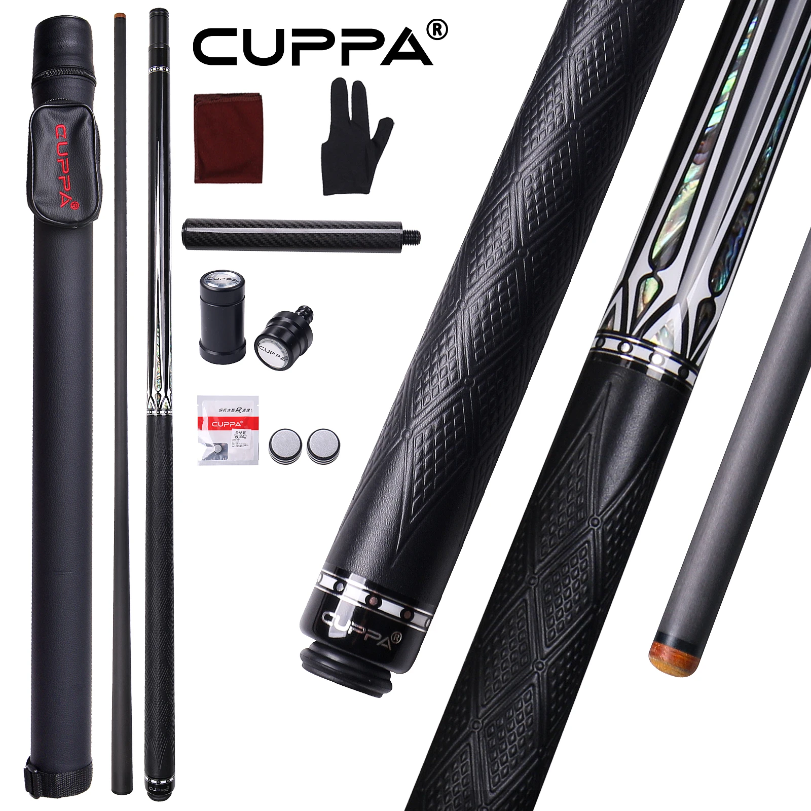CUPPA 58-inch Professional Inlay Pool Cue 58-inch Carbon Fiber Playing Cue Pro Taper Low Deflection Shaft 12.5mm Tip with Case