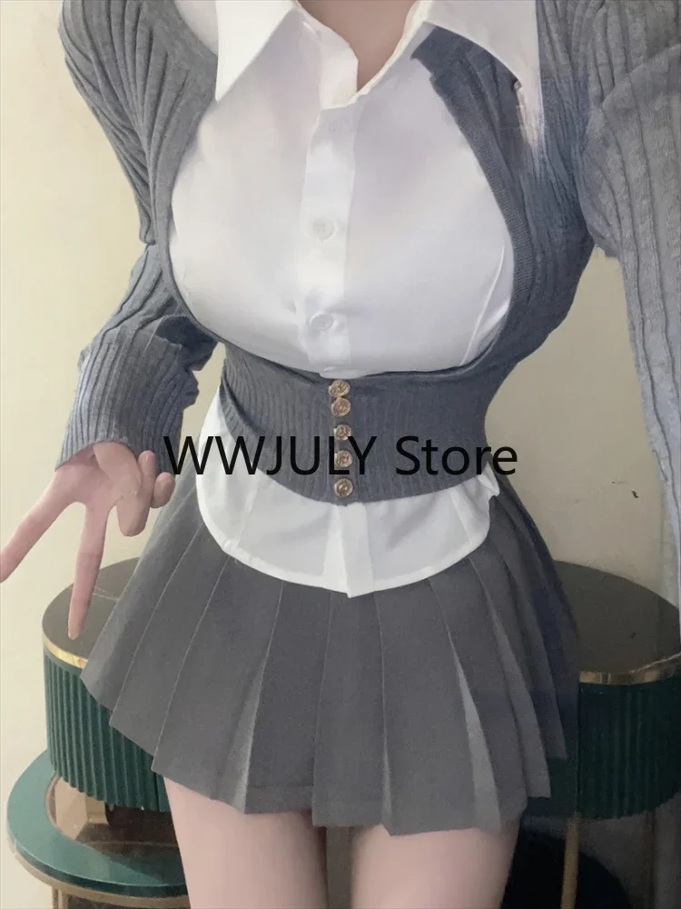 Knitted 3 Piece Set Women Y2k Crop Tops Sweater Grey Slim Mini Skirt Uniform Korean Fashion Suit Skirt Girl Chic 2023 Autumn