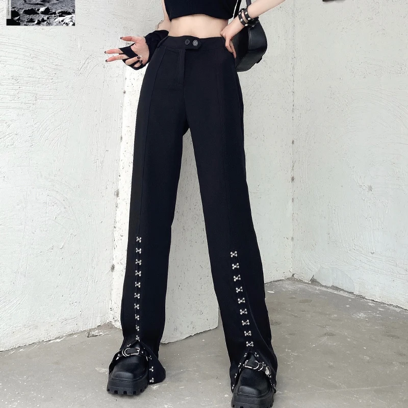 

Autumn High Street Women Black Pants Fashion Gothic Summer High Waist Split Fork Loose Straight Full Pants Y2K Female Trousers