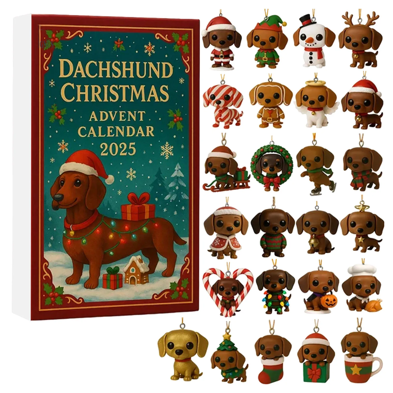 2d salsicha cão natal chegada festival caixa cega conjunto de contagem regressiva 2025 calendário do advento 24 dias decorações penduradas