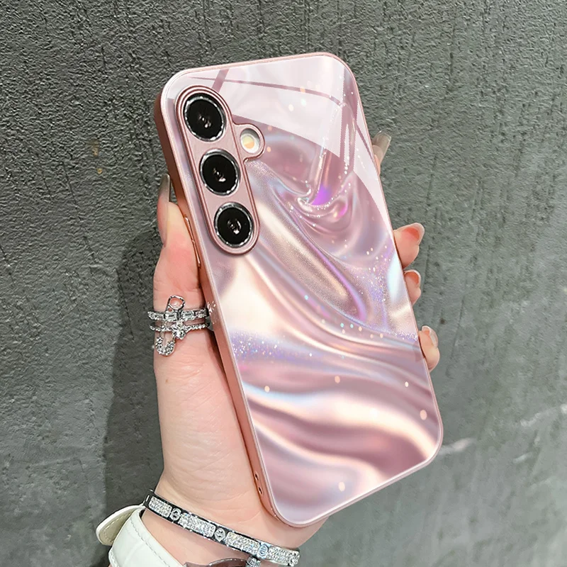 Fine Sparkle Pink Star River Pattern Glass Phone Case Suitable for Samsung Galaxy S26 S25 S24 S22 S21 S20FE/Ultra/Plus Anti Drop