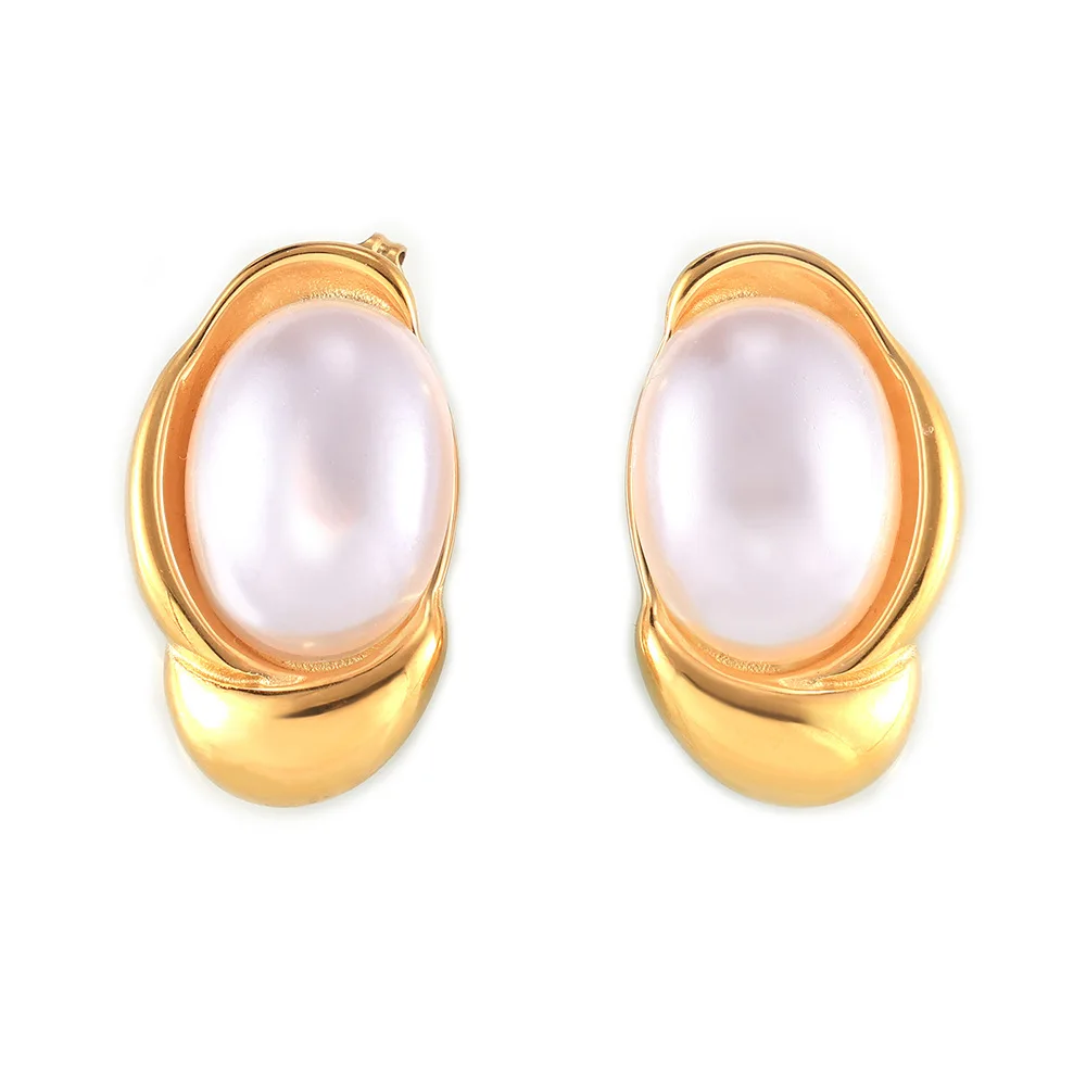 Fashion White Shell Bead Earrings for Women 316 Stainless Steel Gold Plated Oval Elegant Ear Studs Female Summer Jewelry Gift