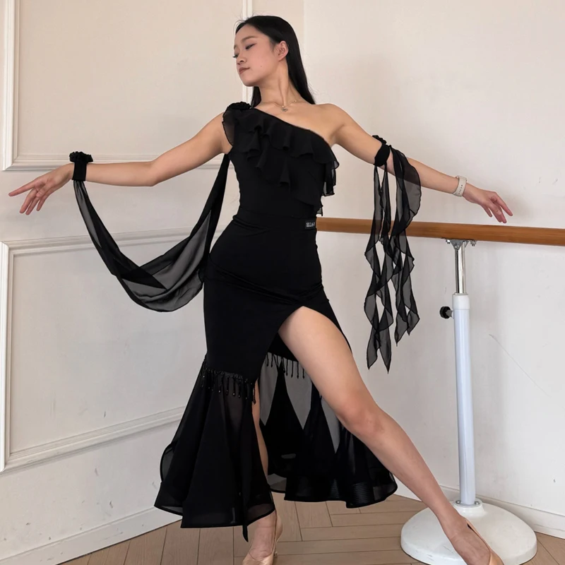 성인 볼룸 댄스 경연 대회 의상 여성 룸바 라틴 댄스 훈련 의류 리본 탑 모던 댄스 스커트 SL12646