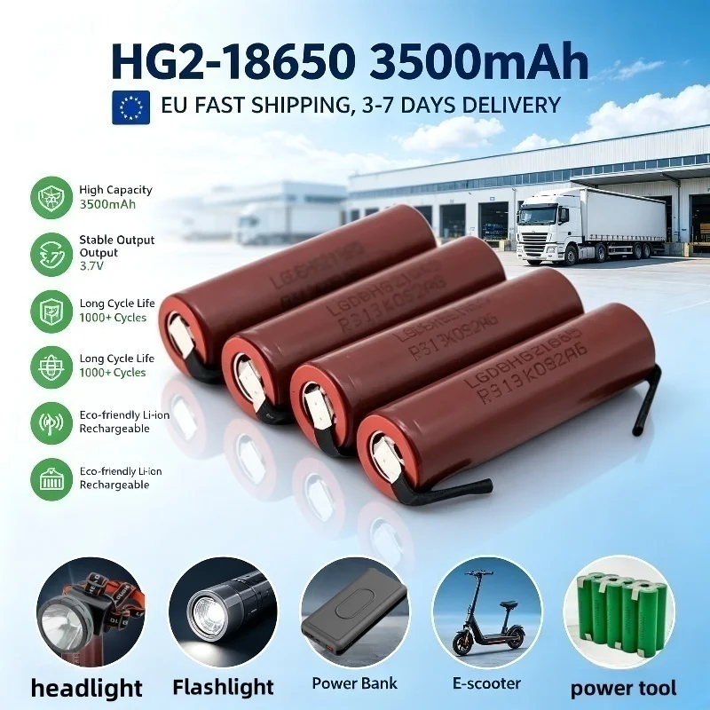 Batteria al litio ad alte prestazioni HG2 3500mAh 18650, con connessione a lamina di nichel saldata a punti a 3,7V, batteria ricaricabile per scariche ad alta potenza, illuminazione per utensili
