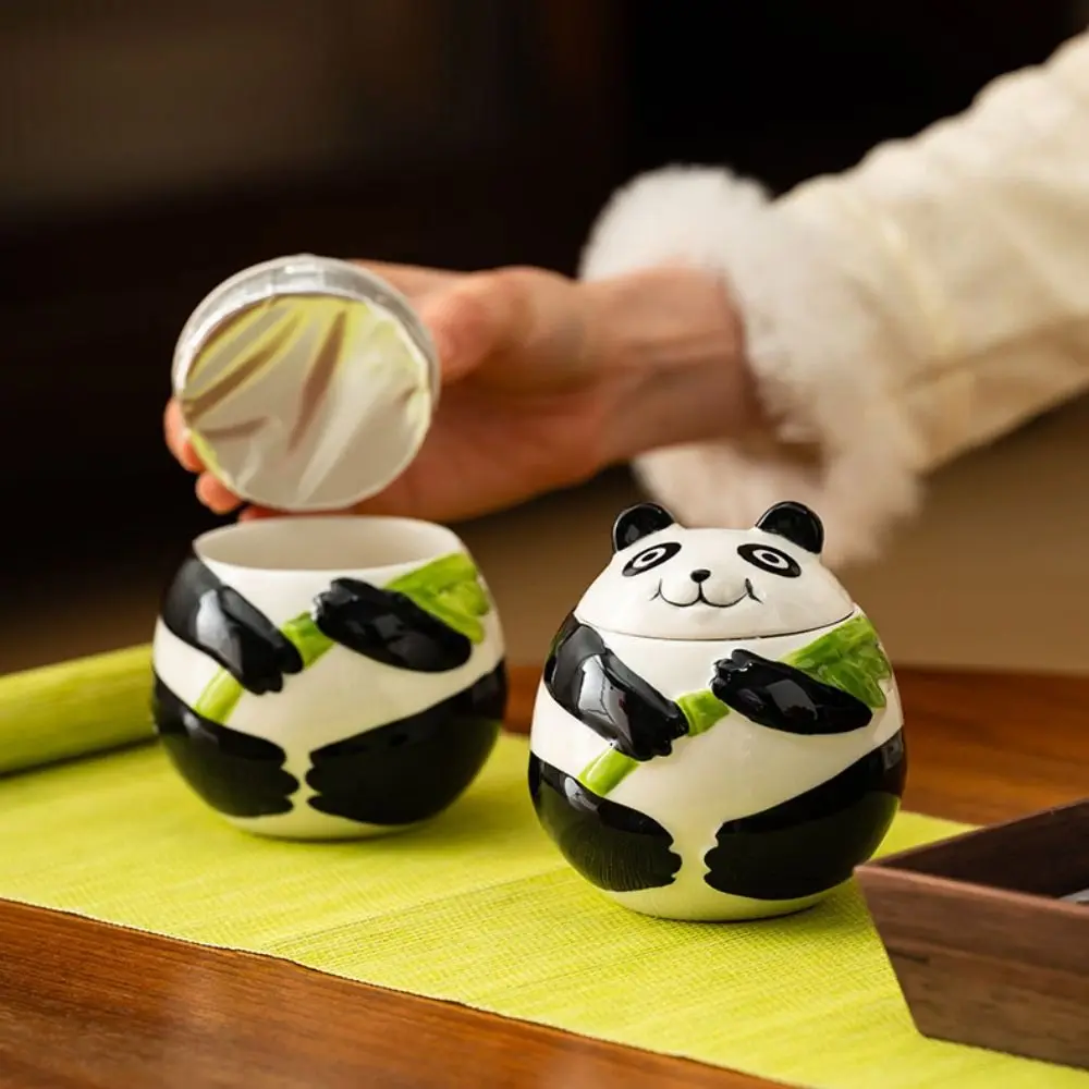 

Desk Ornament Ceramic Panda Tea Jar Moisture-proof Cartoon Pattern Tea Box Sealed Seasoning Storage Tank Sugar