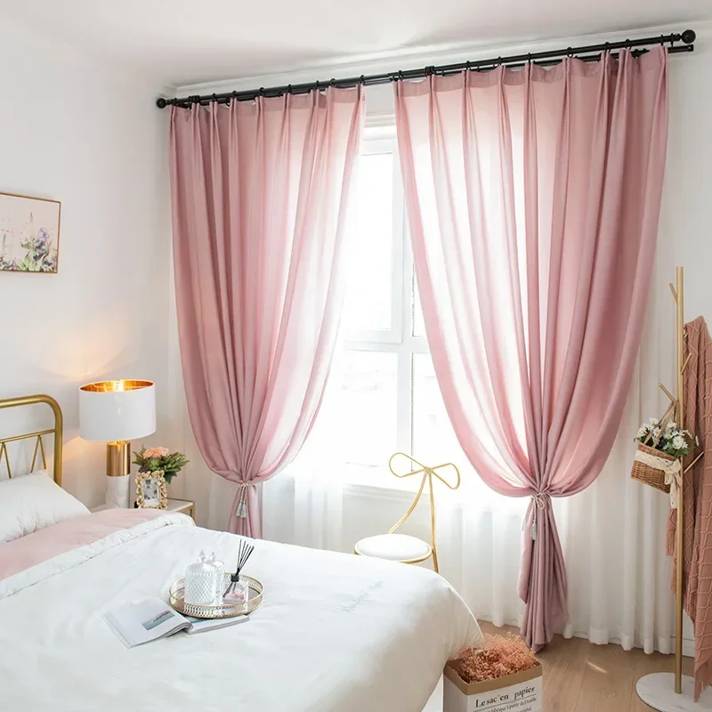 Pink Chiffon Screen Window Screen Gauze Curtains for Living Room Bedroom French Window Balcony Floating Window Finished Product