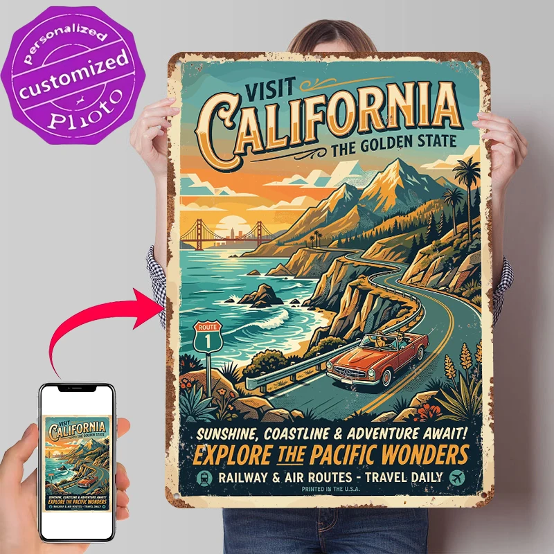 Visit California Vintage Travel Printed Poster Customized Wall Art Retro Vintage Metal Tin Signs for Decor Room Decoration Cozy